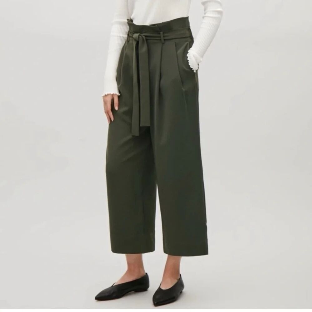 COS Wide Leg Belted Cropped Pleated Pant - Green 6